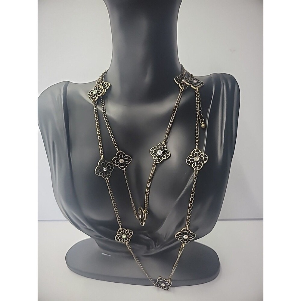 Vintage Premier Designs Necklace Flapper Gold Tone Flower Iridescent Crystal